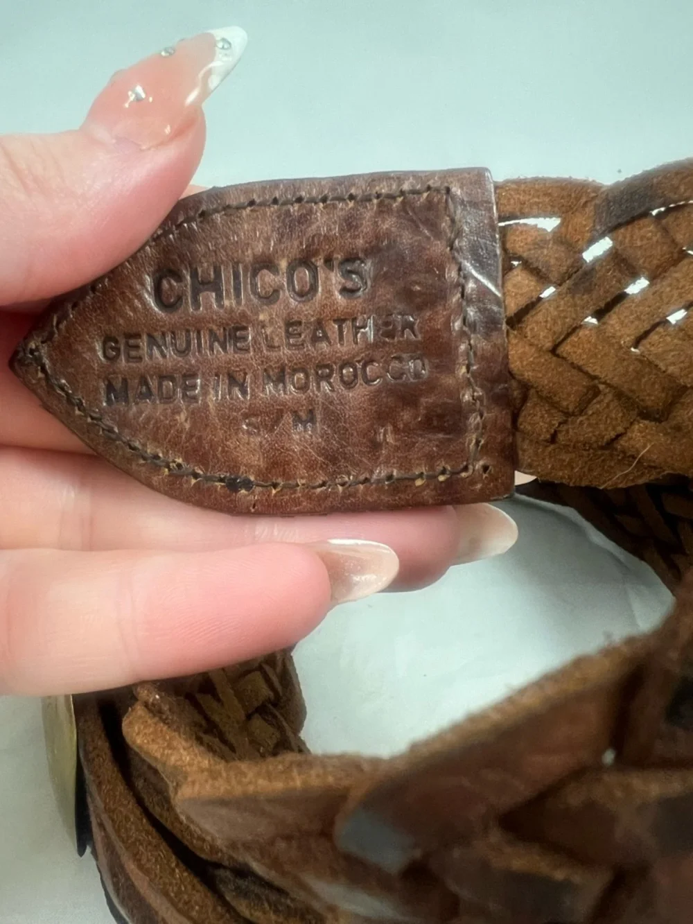 Chicos Moroccan Woven Brown Leather Belt Hammered Metal Buckle Size S/M Boho